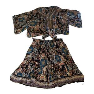SIVANA‎ Floral Crinkled Tassel Crop Kimono Sleeve Boho Gypsy XL Two Piece Skirt